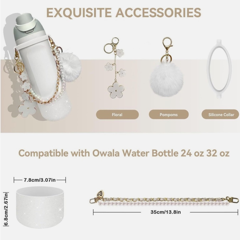Tumbler accessories - White Floral Charm Strap and Pom Pom Keychain Set - NEW - Picture 3 of 8